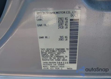 2023 Nissan Altima S Fwd из США, поврежденный, VIN 1N4BL4BV0PN384316